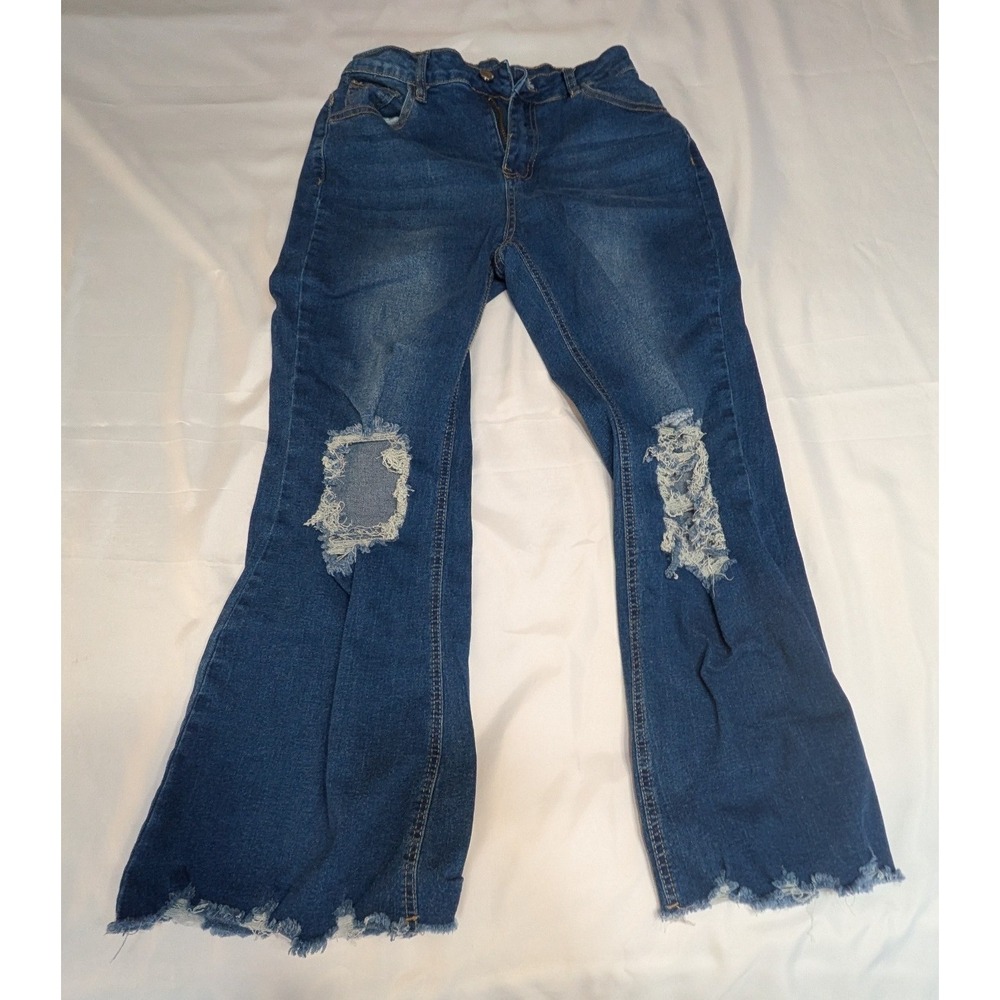 Unbranded Distressed Flare Jeans Womens Size 8 Blue‎ Good Frayed Hem Wide Leg